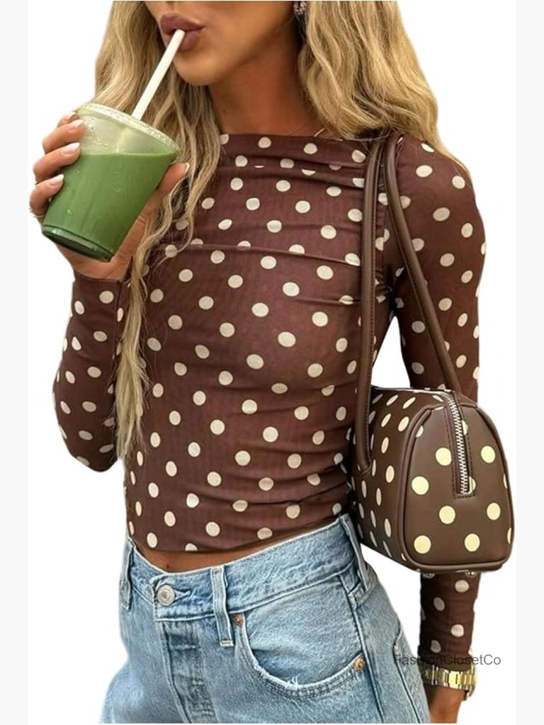 Long Sleeve Boat Neck Fitted Sheer Polka Dot T-Shirt Crop Top